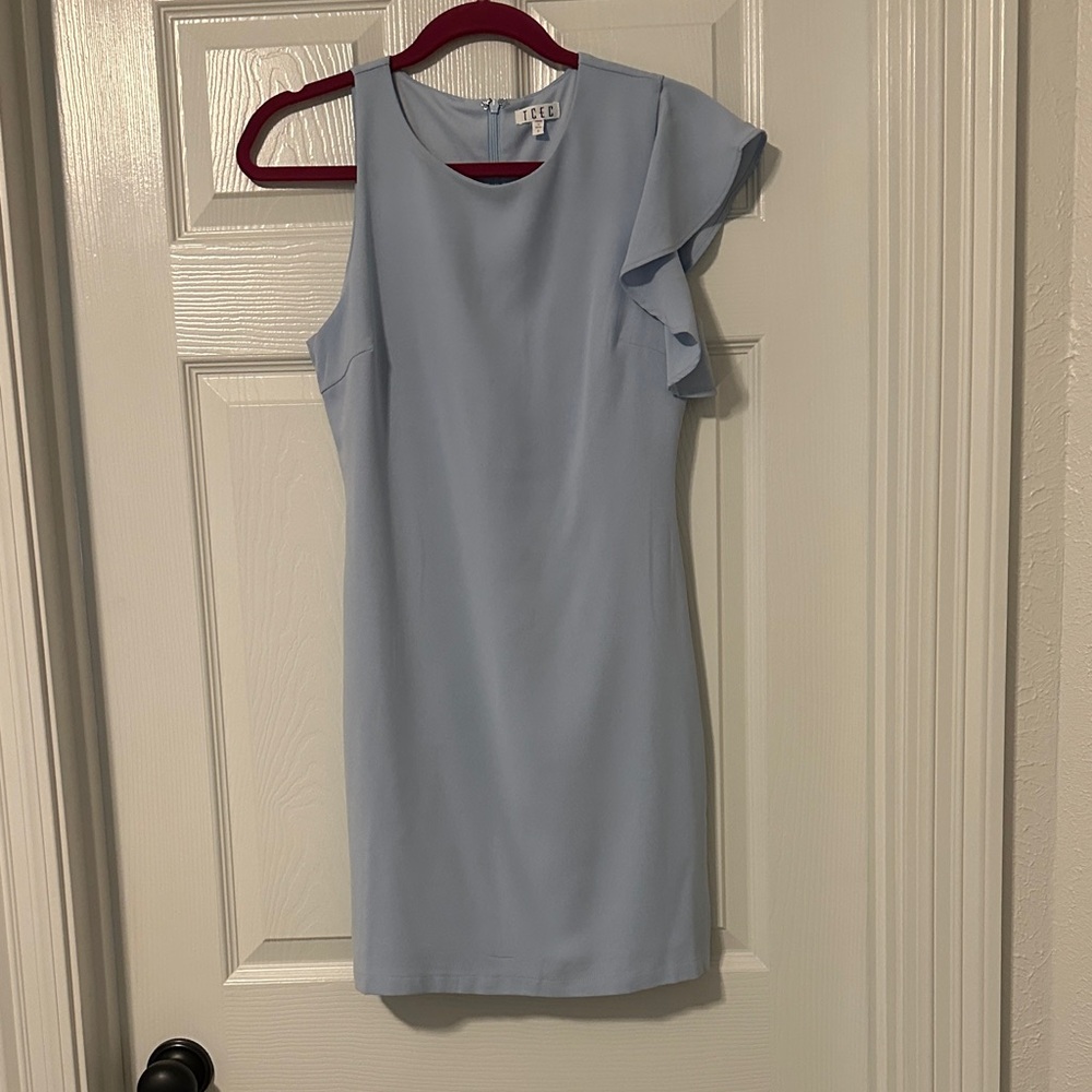 TCEC One Shoulder Ruffle Dress in Light Blue